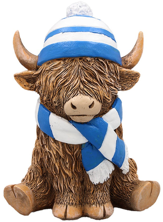 Highland Cow with Blue & White Scarf & Hat