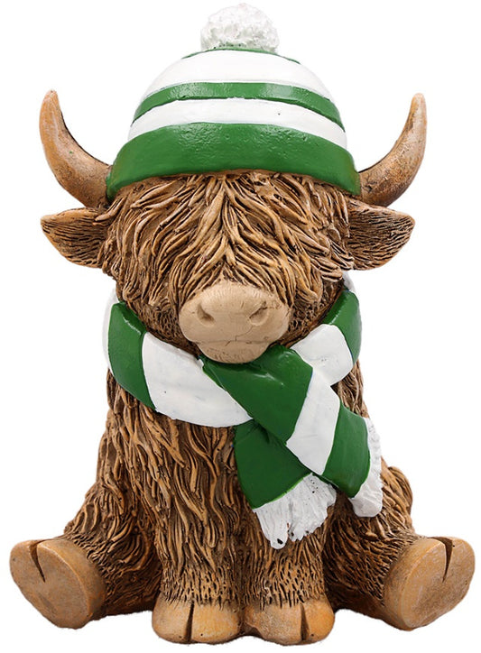 HIGHLAND COW WITH GREEN STRIPPED SCARF & HAT