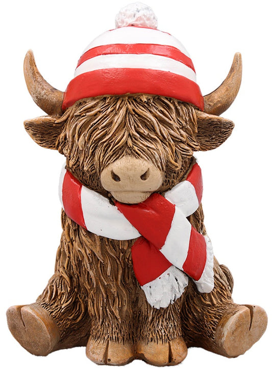 Highland Cow With Stripped Scarf & Hat